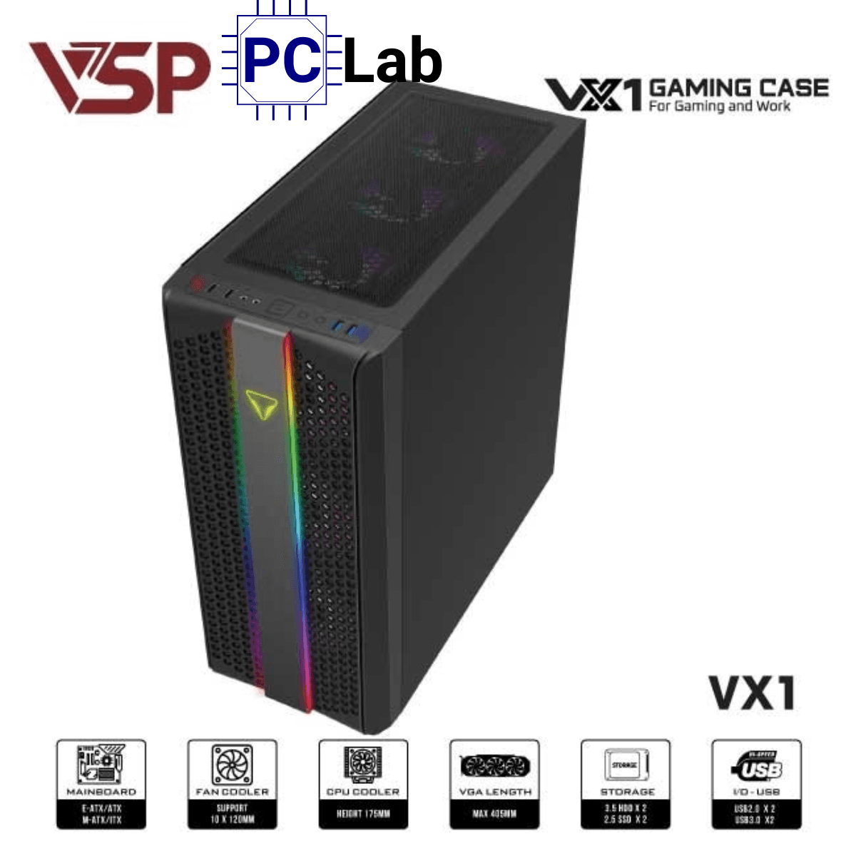Vỏ case PC máy tính VSP VX1 (E-ATX, Full Tower, Đen)