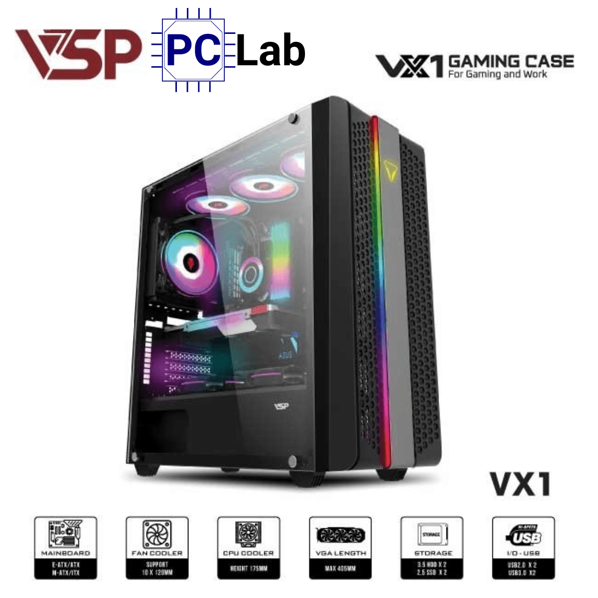 Vỏ case PC máy tính VSP VX1 (E-ATX, Full Tower, Đen)