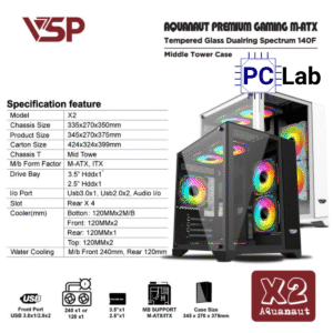 Vỏ case PC máy tính VSP X2 Aquanaut (M-ATX, Mid Tower, Đen)