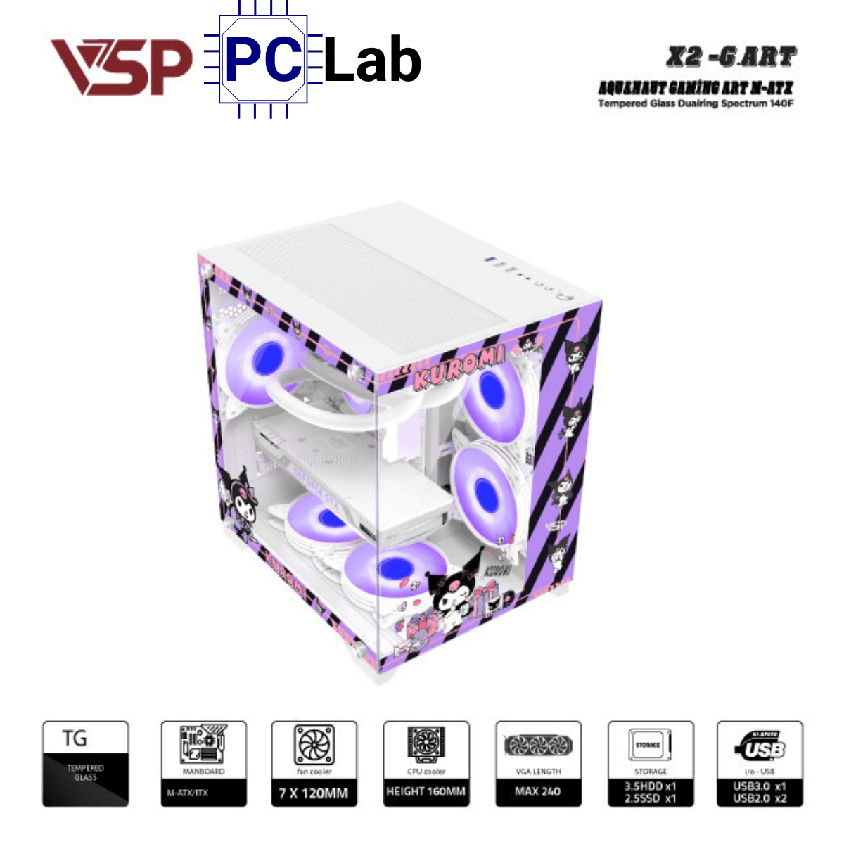 Vỏ case PC máy tính VSP X2-G.ART (M-ATX, Mid Tower, Trắng/Đen)
