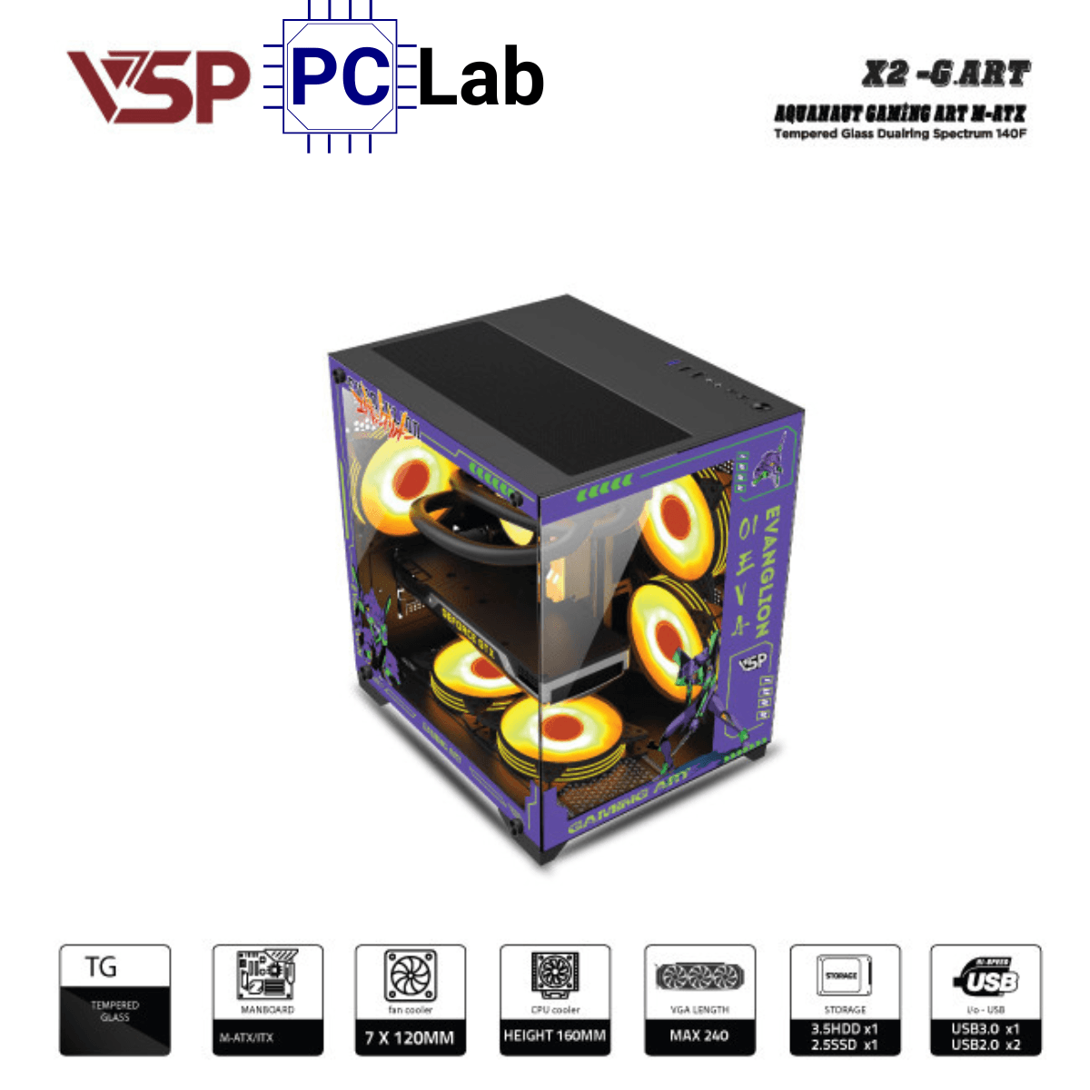 Vỏ case PC máy tính VSP X2-G.ART (M-ATX, Mid Tower, Trắng/Đen)