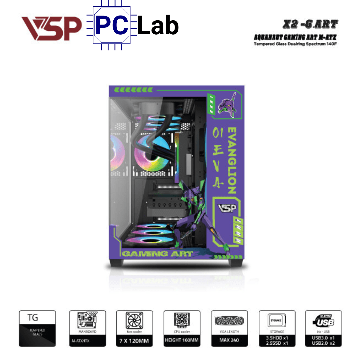 Vỏ case PC máy tính VSP X2-G.ART (M-ATX, Mid Tower, Trắng/Đen)