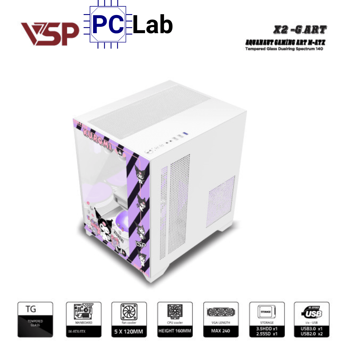 Vỏ case PC máy tính VSP X2-G.ART (M-ATX, Mid Tower, Trắng/Đen)
