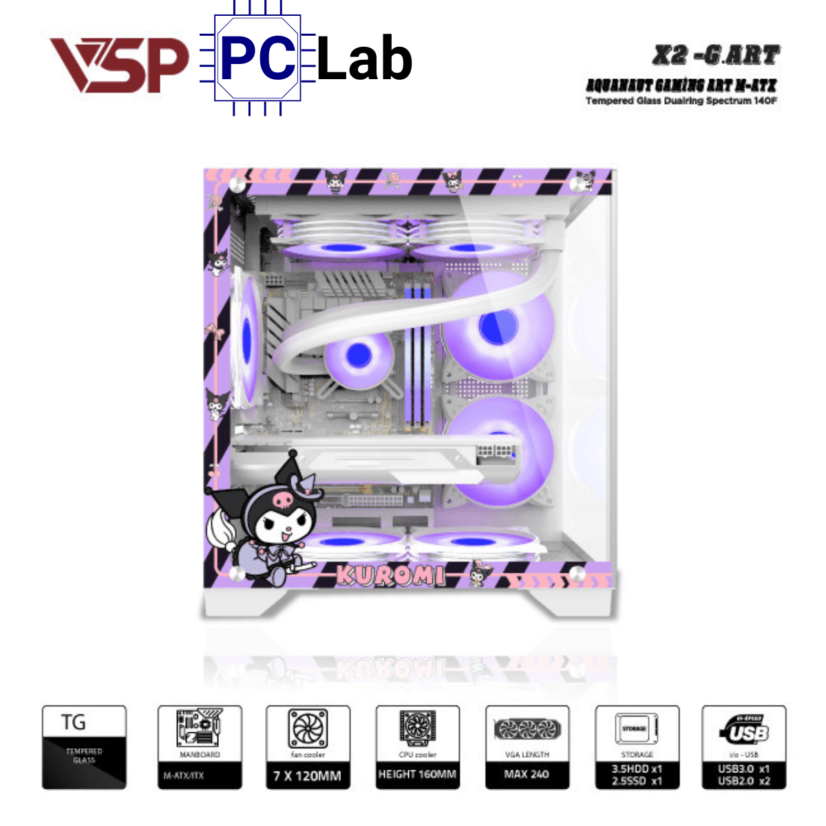 Vỏ case PC máy tính VSP X2-G.ART (M-ATX, Mid Tower, Trắng/Đen)