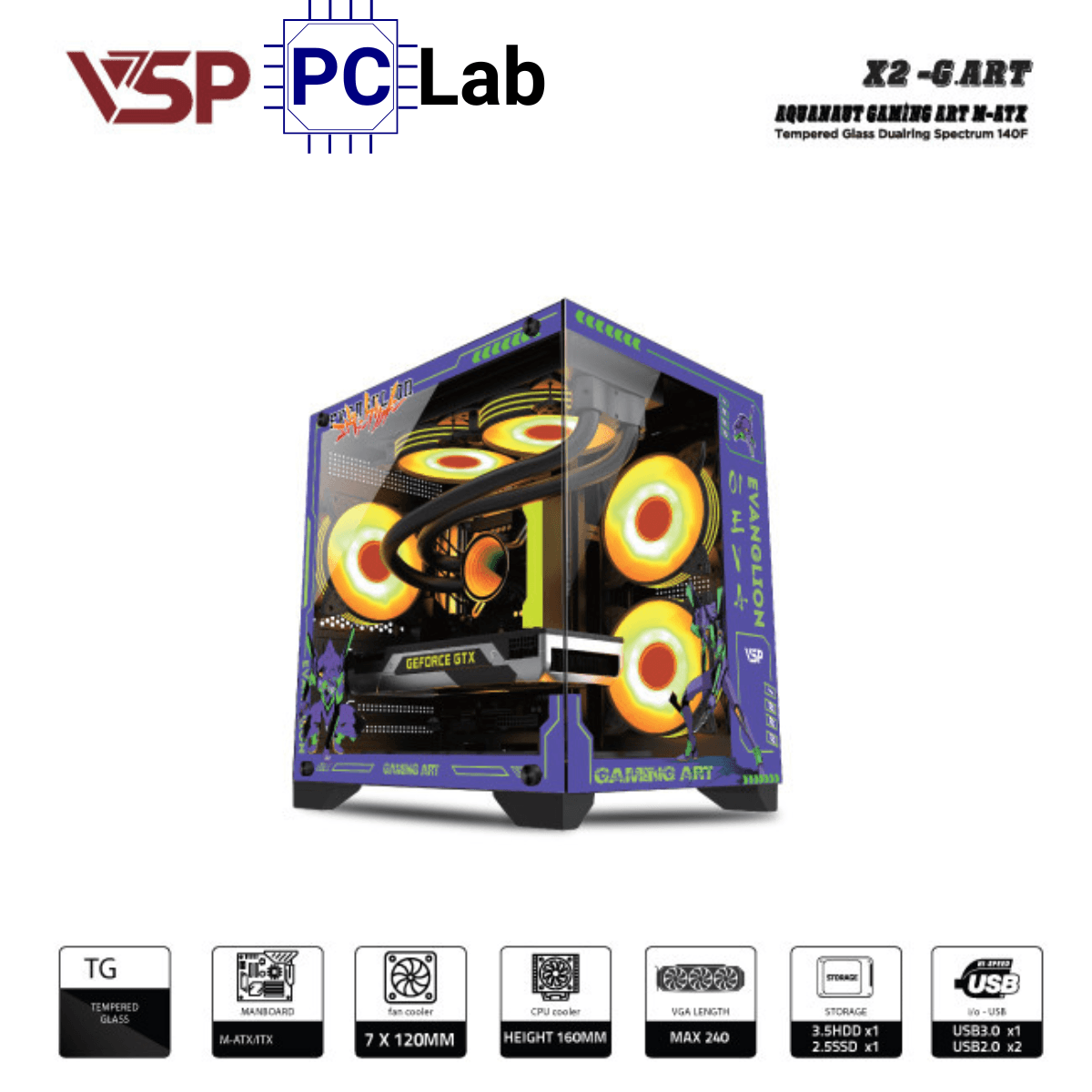 Vỏ case PC máy tính VSP X2-G.ART (M-ATX, Mid Tower, Trắng/Đen)
