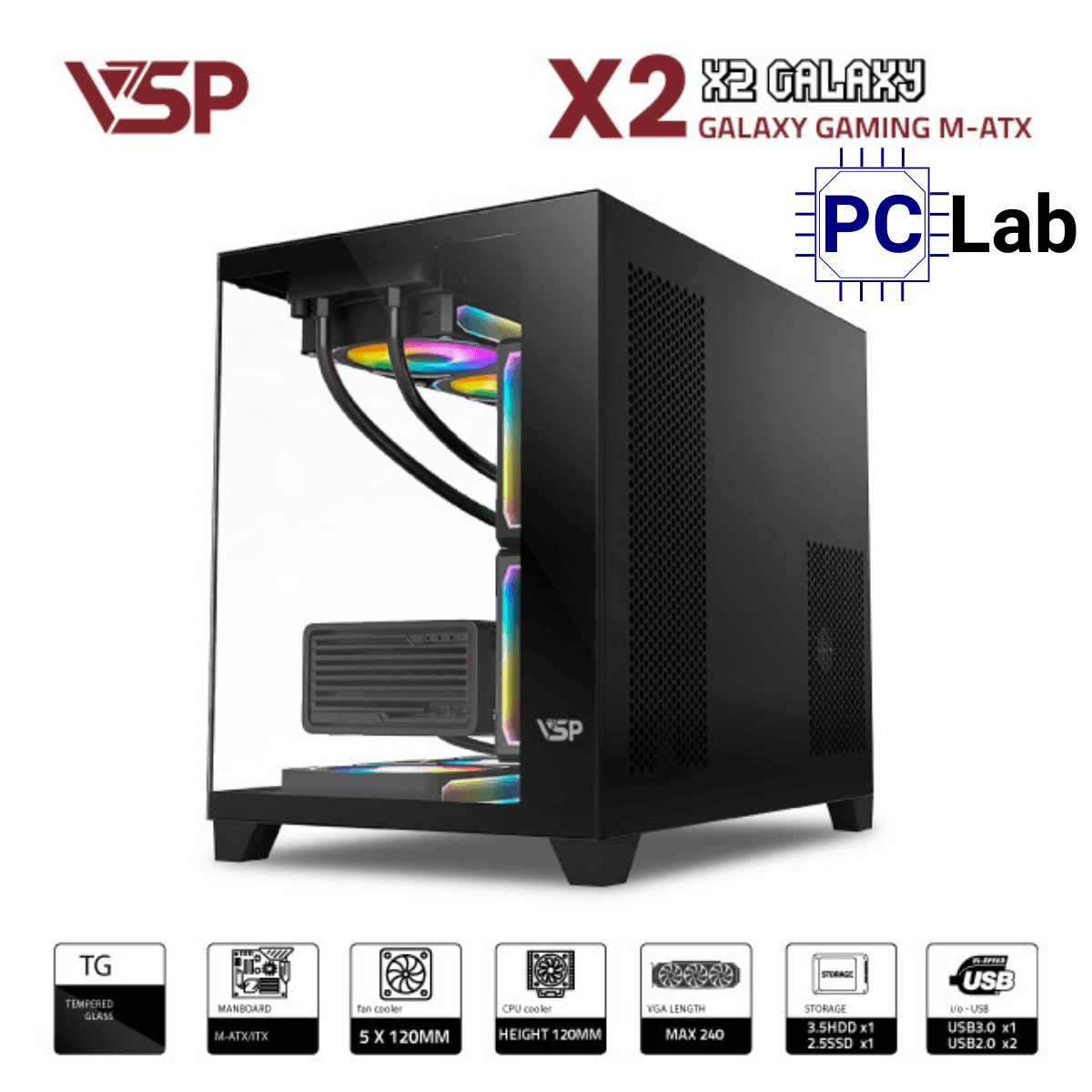 Vỏ case PC máy tính VSP X2 Galaxy (M-ATX, Mid Tower, Trắng/Đen/Hồng)