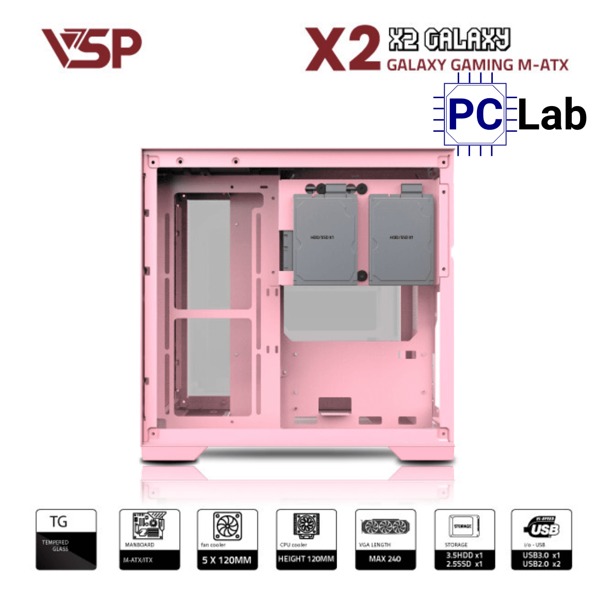Vỏ case PC máy tính VSP X2 Galaxy (M-ATX, Mid Tower, Trắng/Đen/Hồng)