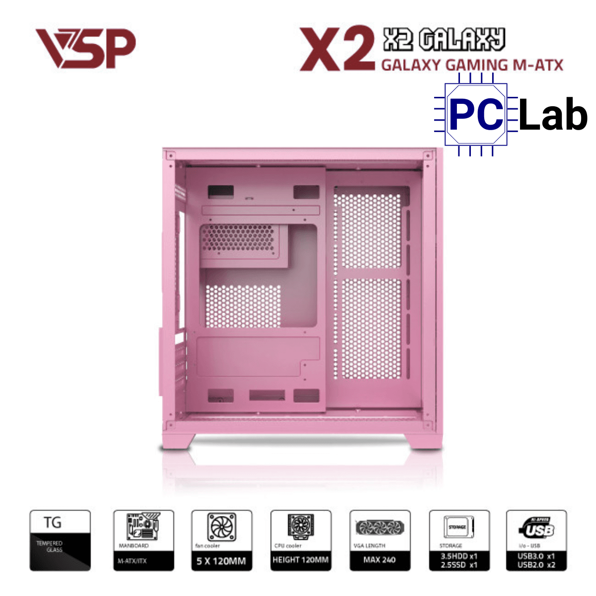 Vỏ case PC máy tính VSP X2 Galaxy (M-ATX, Mid Tower, Trắng/Đen/Hồng)