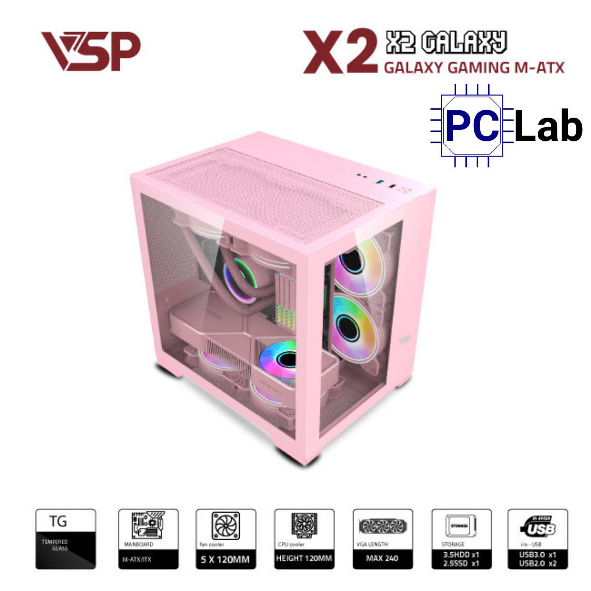 Vỏ case PC máy tính VSP X2 Galaxy (M-ATX, Mid Tower, Trắng/Đen/Hồng)