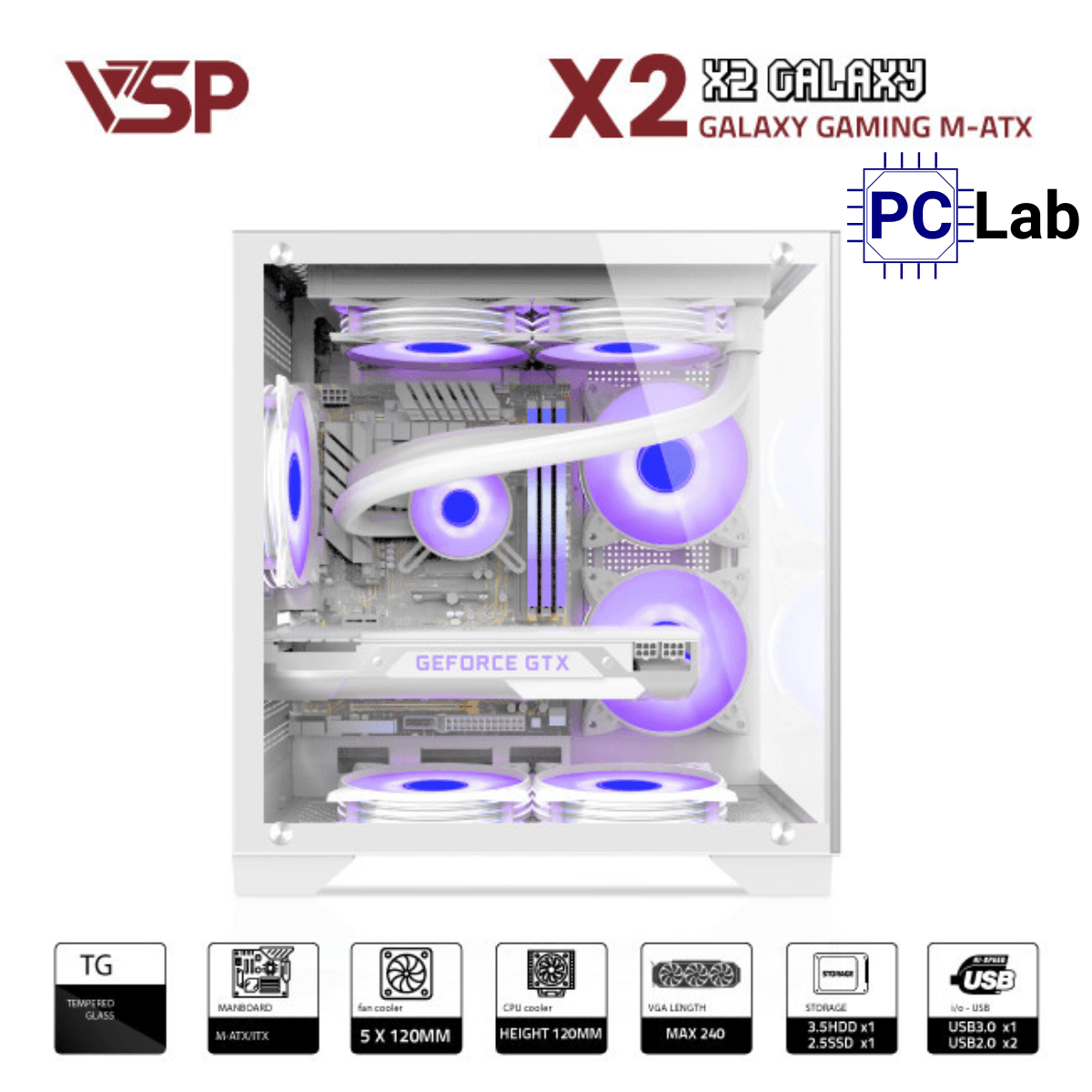 Vỏ case PC máy tính VSP X2 Galaxy (M-ATX, Mid Tower, Trắng/Đen/Hồng)