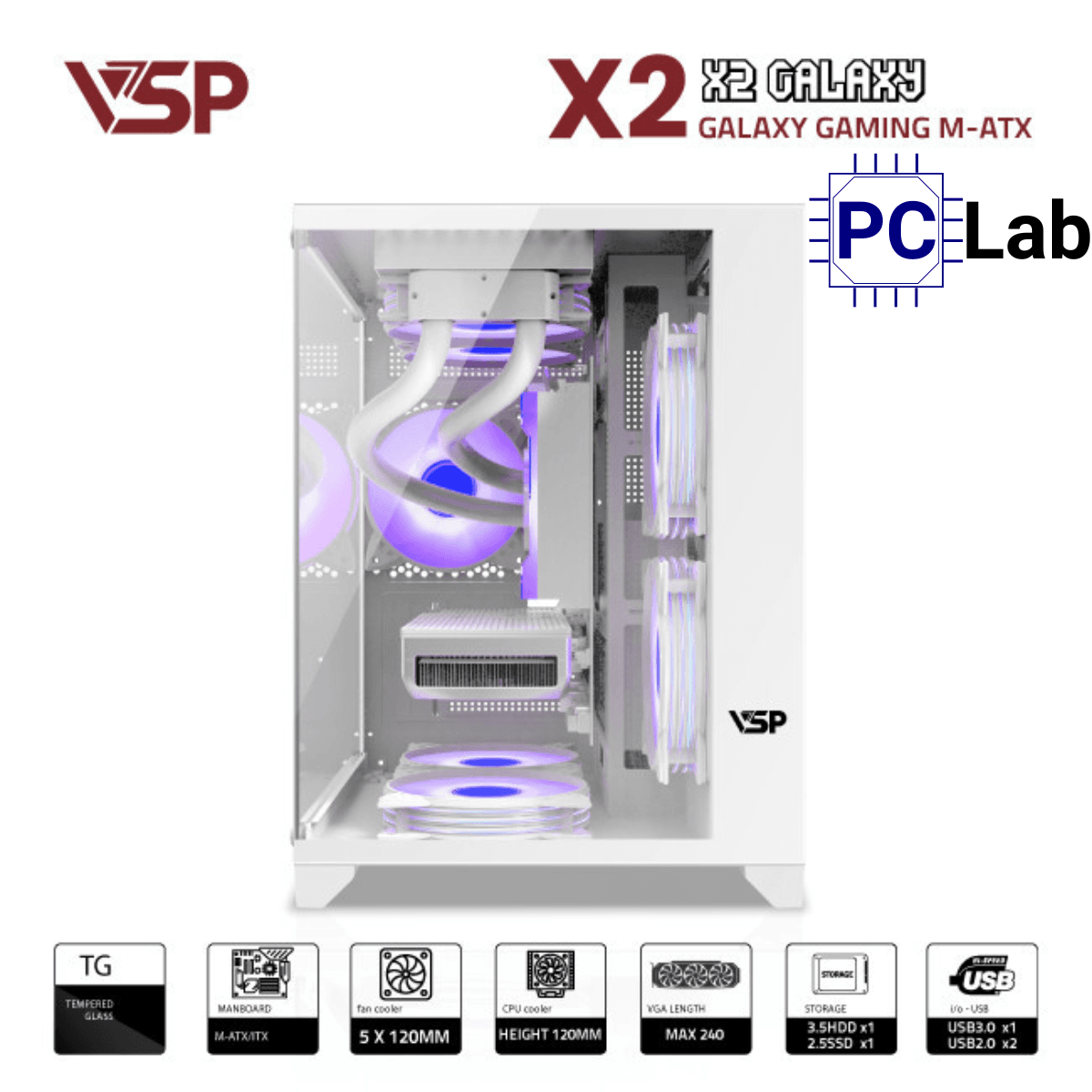 Vỏ case PC máy tính VSP X2 Galaxy (M-ATX, Mid Tower, Trắng/Đen/Hồng)