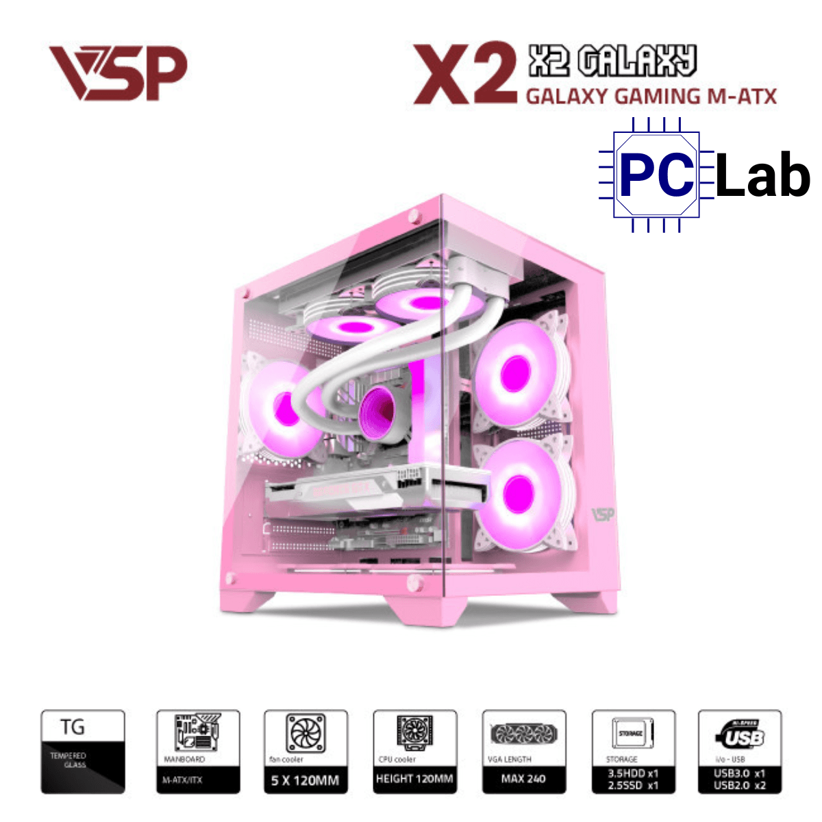 Vỏ case PC máy tính VSP X2 Galaxy (M-ATX, Mid Tower, Trắng/Đen/Hồng)