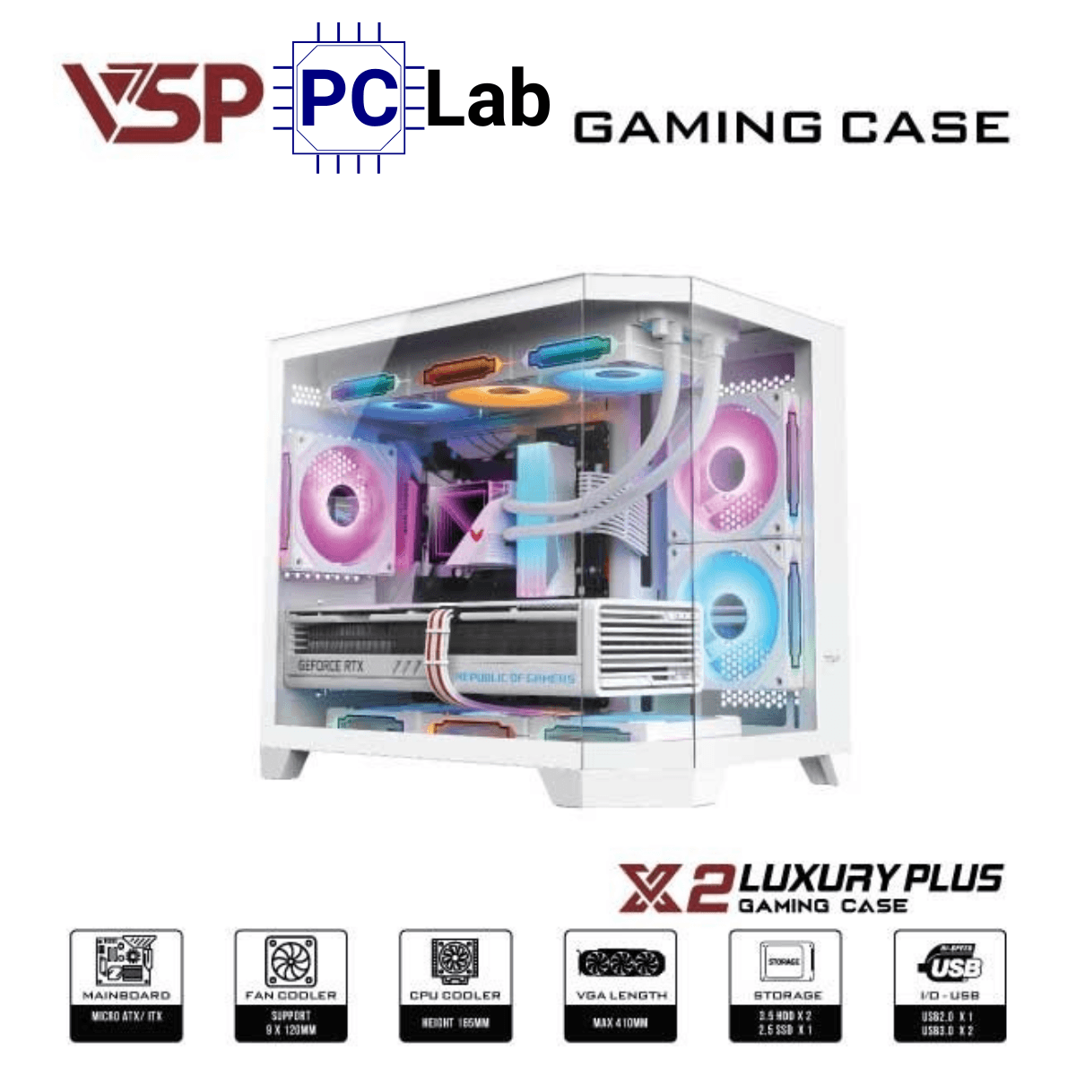 Vỏ case PC máy tính VSP X2 Luxury Plus (M-ATX, Mid Tower, Trắng/Đen)