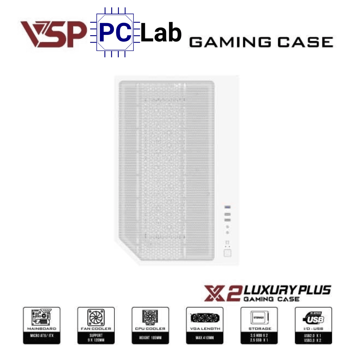 Vỏ case PC máy tính VSP X2 Luxury Plus (M-ATX, Mid Tower, Trắng/Đen)
