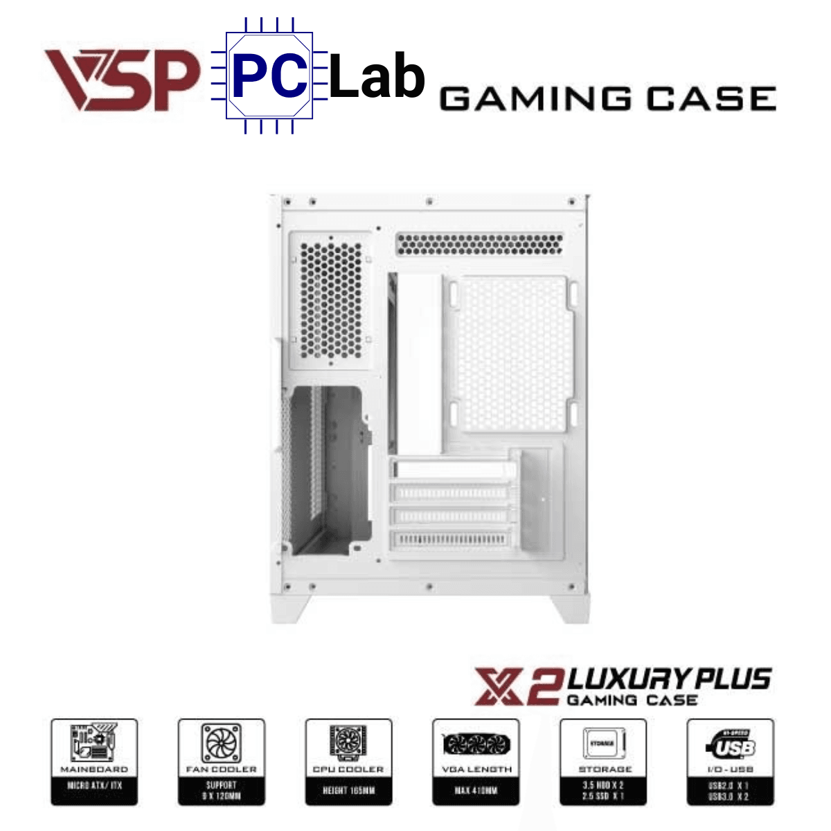 Vỏ case PC máy tính VSP X2 Luxury Plus (M-ATX, Mid Tower, Trắng/Đen)