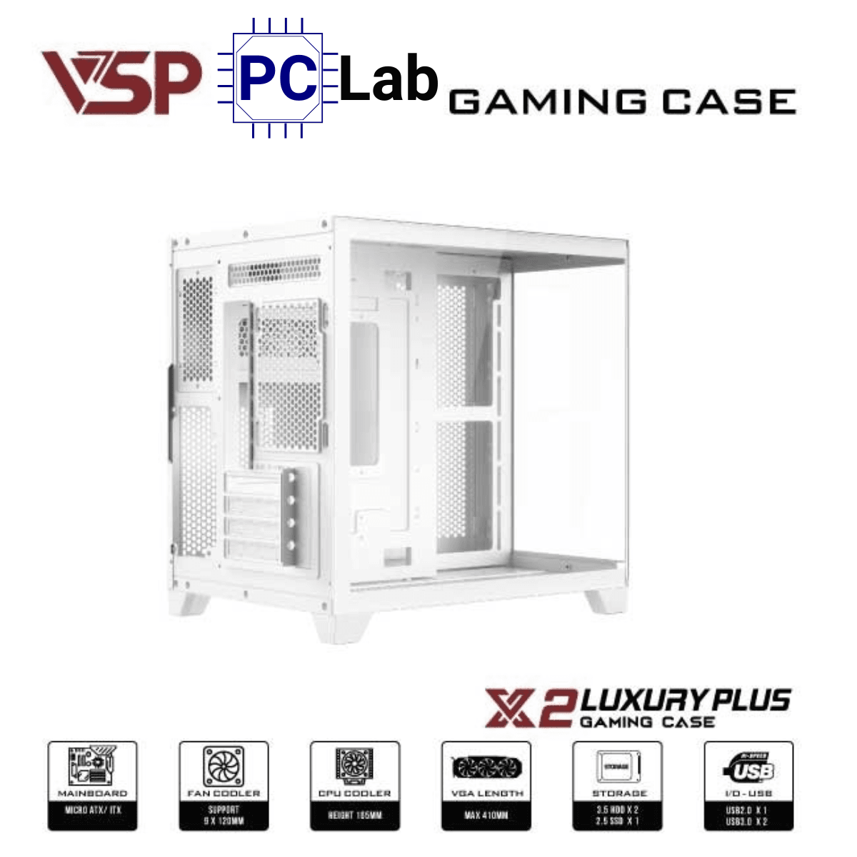 Vỏ case PC máy tính VSP X2 Luxury Plus (M-ATX, Mid Tower, Trắng/Đen)