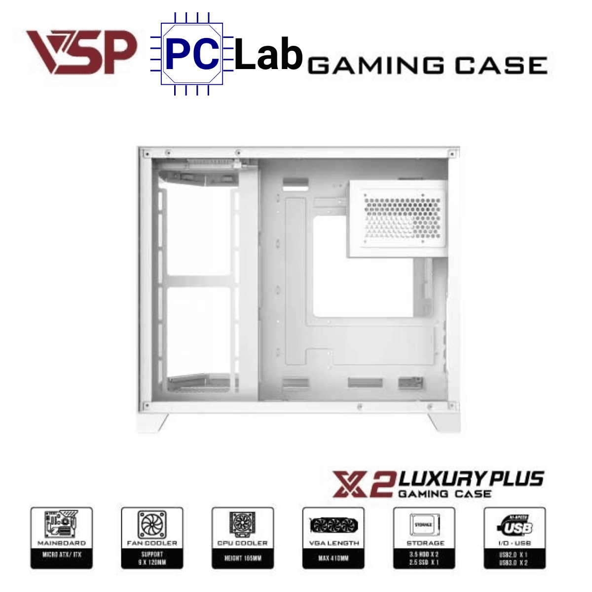 Vỏ case PC máy tính VSP X2 Luxury Plus (M-ATX, Mid Tower, Trắng/Đen)
