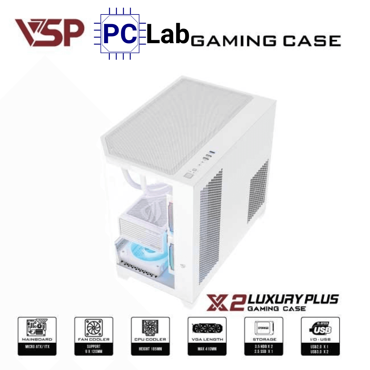 Vỏ case PC máy tính VSP X2 Luxury Plus (M-ATX, Mid Tower, Trắng/Đen)
