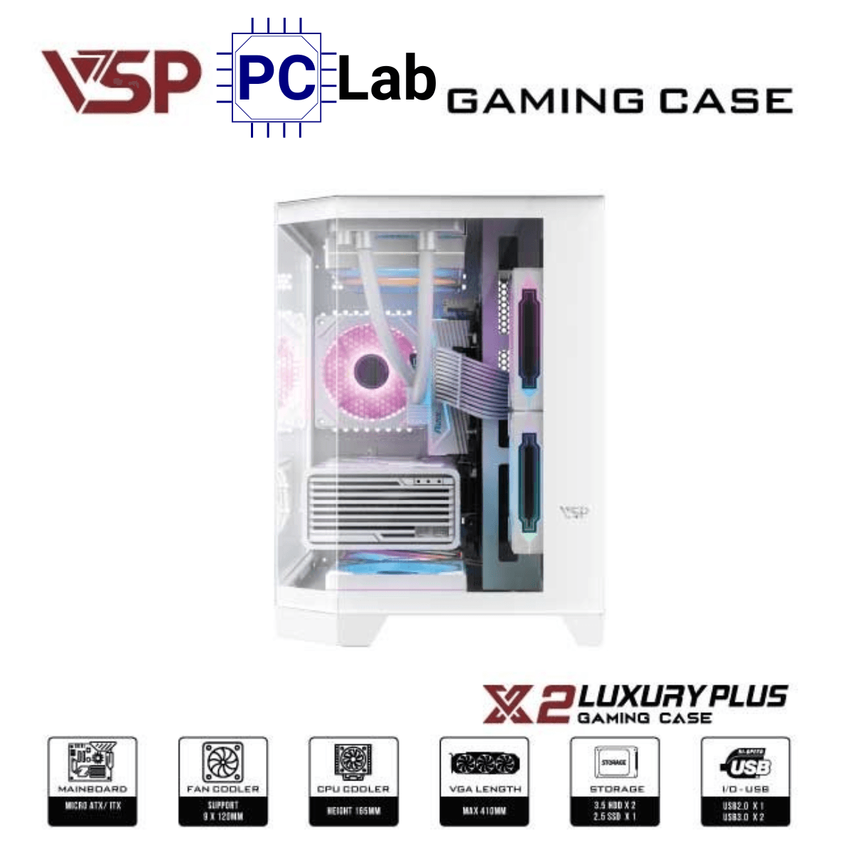 Vỏ case PC máy tính VSP X2 Luxury Plus (M-ATX, Mid Tower, Trắng/Đen)