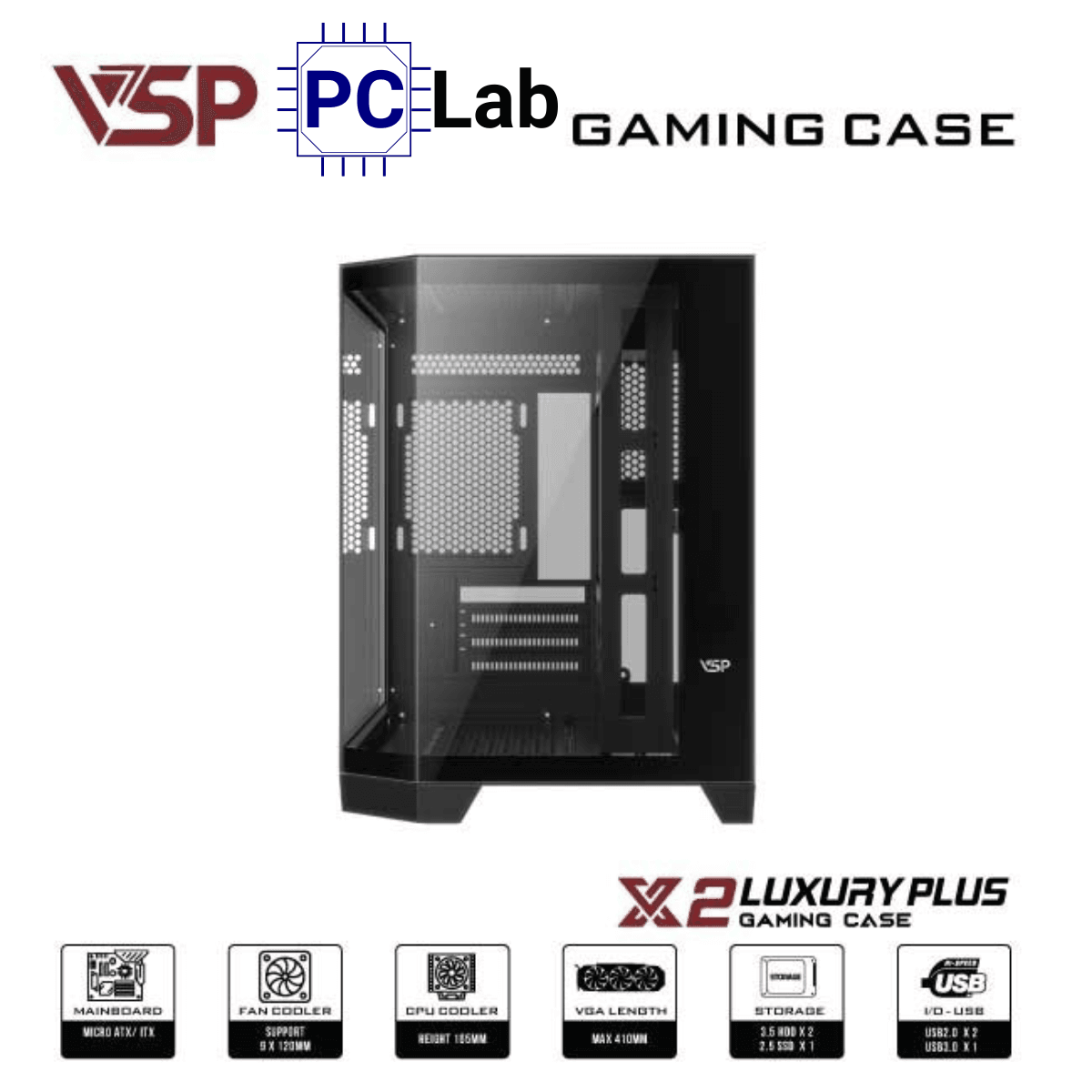 Vỏ case PC máy tính VSP X2 Luxury Plus (M-ATX, Mid Tower, Trắng/Đen)