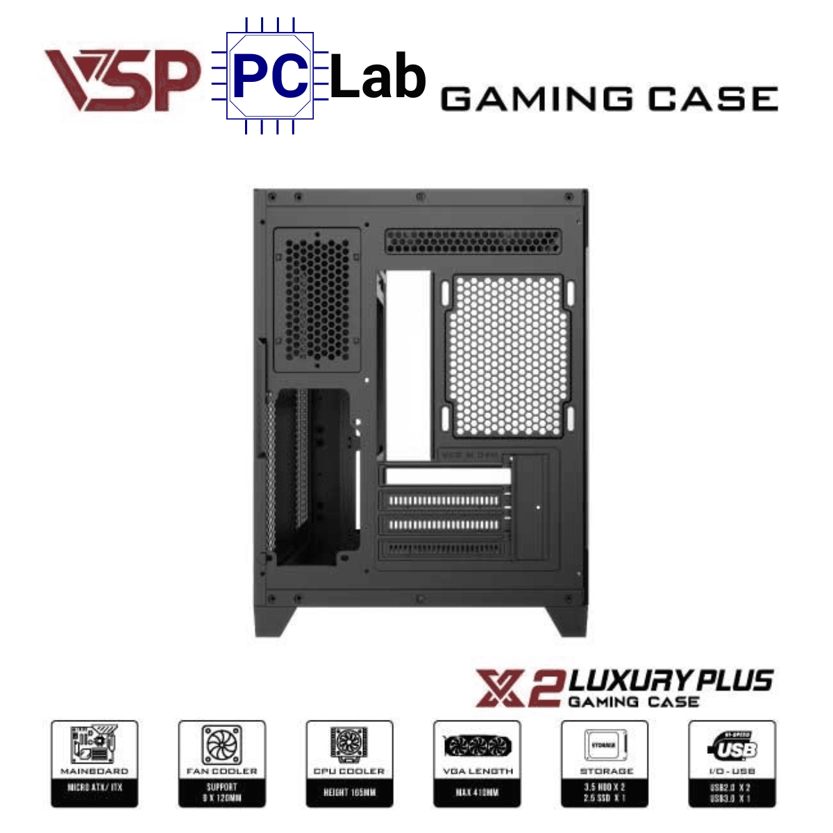 Vỏ case PC máy tính VSP X2 Luxury Plus (M-ATX, Mid Tower, Trắng/Đen)