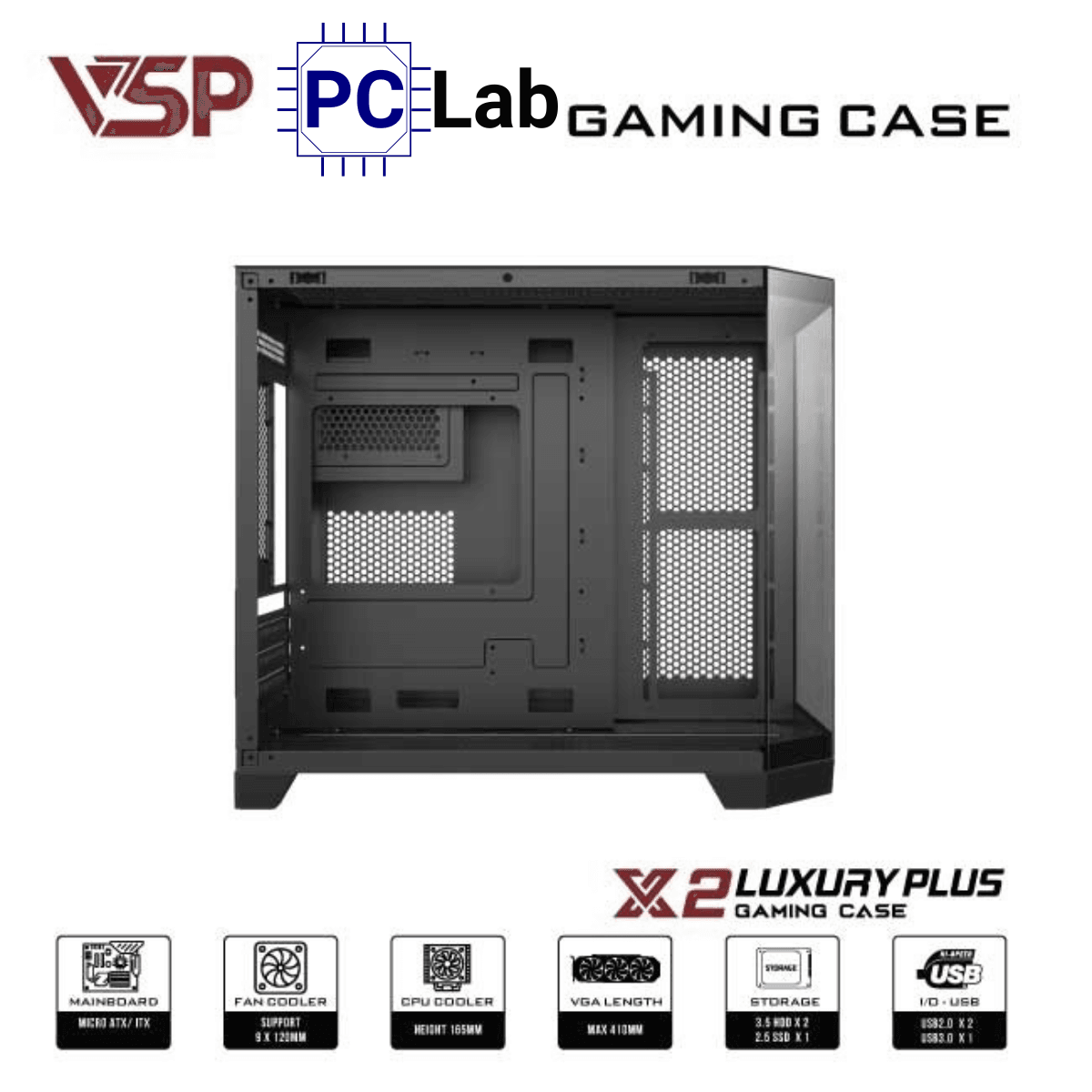 Vỏ case PC máy tính VSP X2 Luxury Plus (M-ATX, Mid Tower, Trắng/Đen)