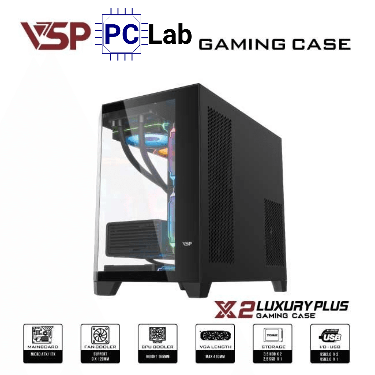 Vỏ case PC máy tính VSP X2 Luxury Plus (M-ATX, Mid Tower, Trắng/Đen)