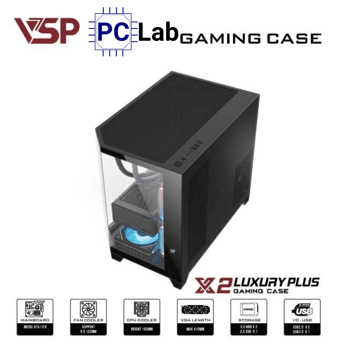 Vỏ case PC máy tính VSP X2 Luxury Plus (M-ATX, Mid Tower, Trắng/Đen)