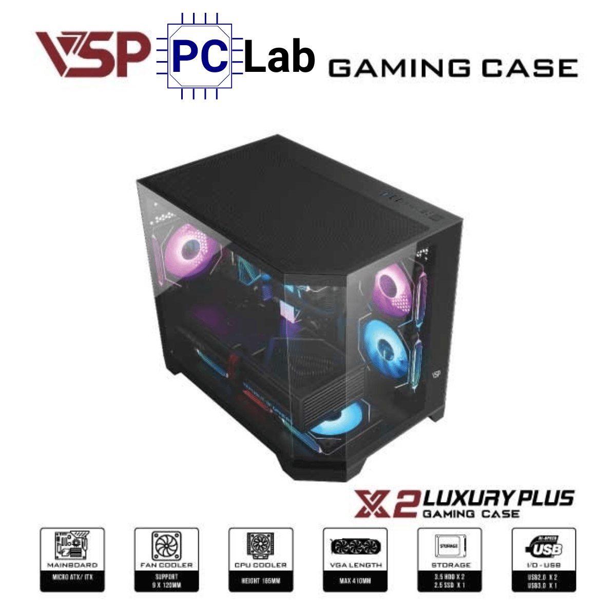 Vỏ case PC máy tính VSP X2 Luxury Plus (M-ATX, Mid Tower, Trắng/Đen)