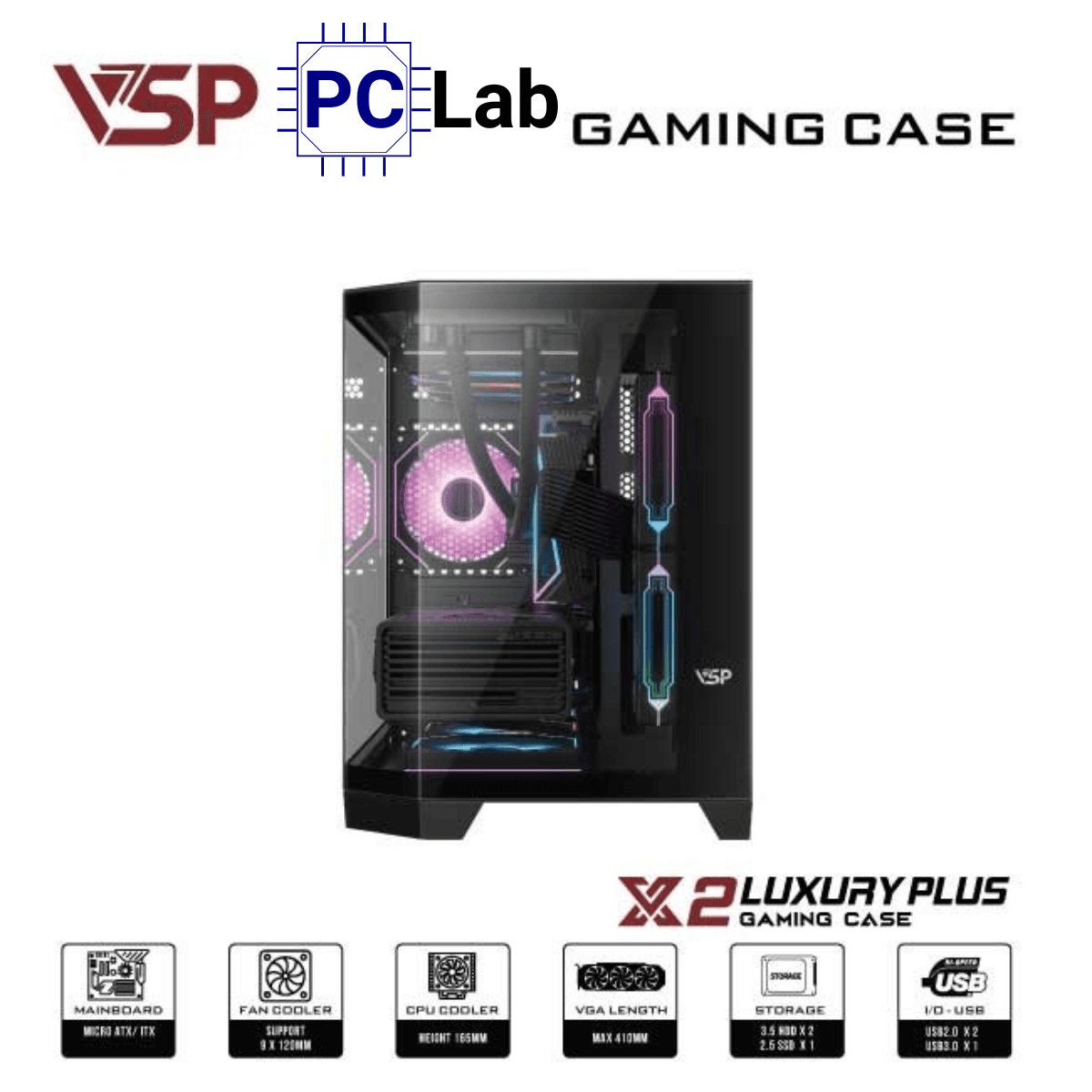 Vỏ case PC máy tính VSP X2 Luxury Plus (M-ATX, Mid Tower, Trắng/Đen)