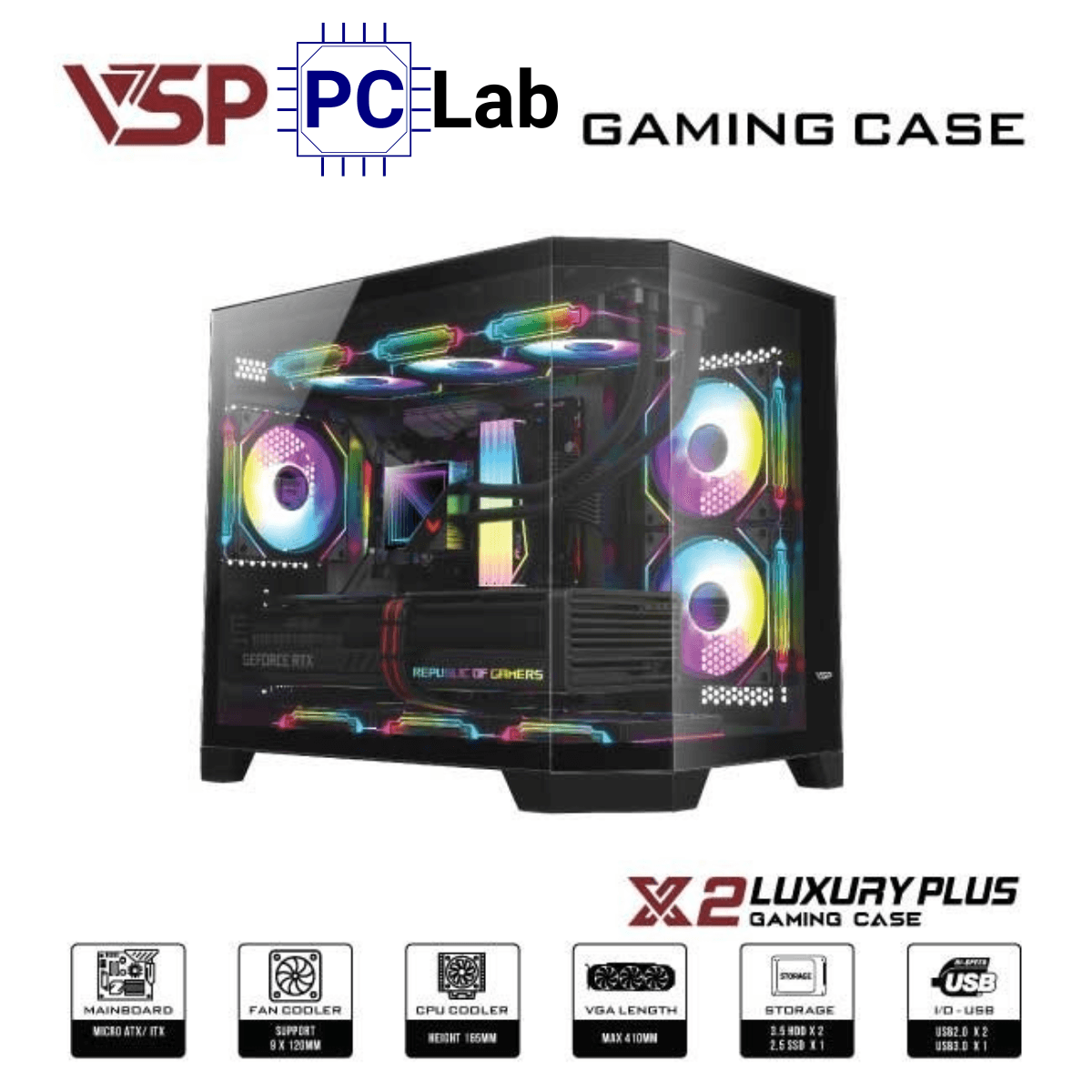 Vỏ case PC máy tính VSP X2 Luxury Plus (M-ATX, Mid Tower, Trắng/Đen)
