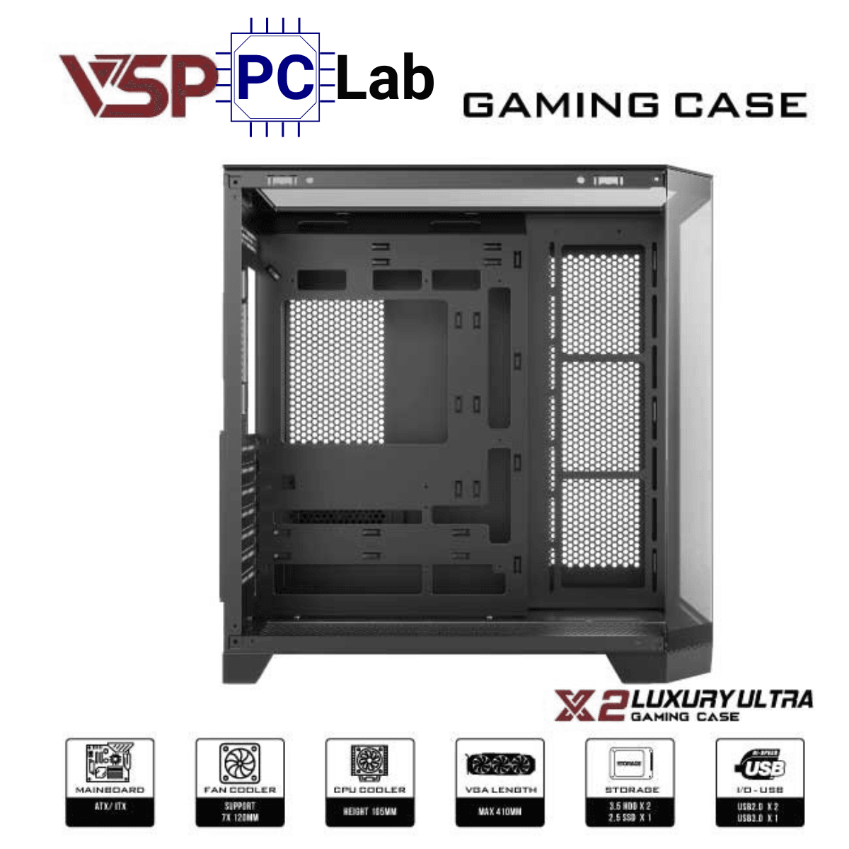 Vỏ case PC máy tính VSP X2 Luxury Ultra (ATX, Mid Tower, Đen)
