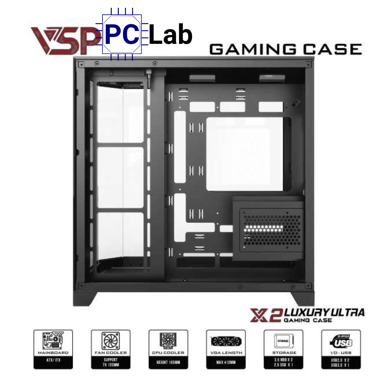 Vỏ case PC máy tính VSP X2 Luxury Ultra (ATX, Mid Tower, Đen)