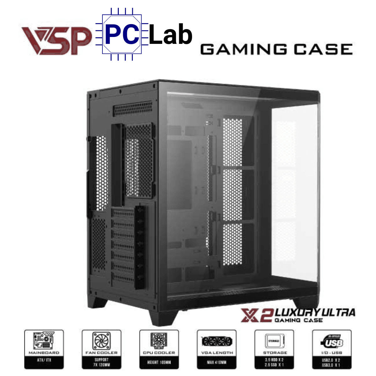 Vỏ case PC máy tính VSP X2 Luxury Ultra (ATX, Mid Tower, Đen)