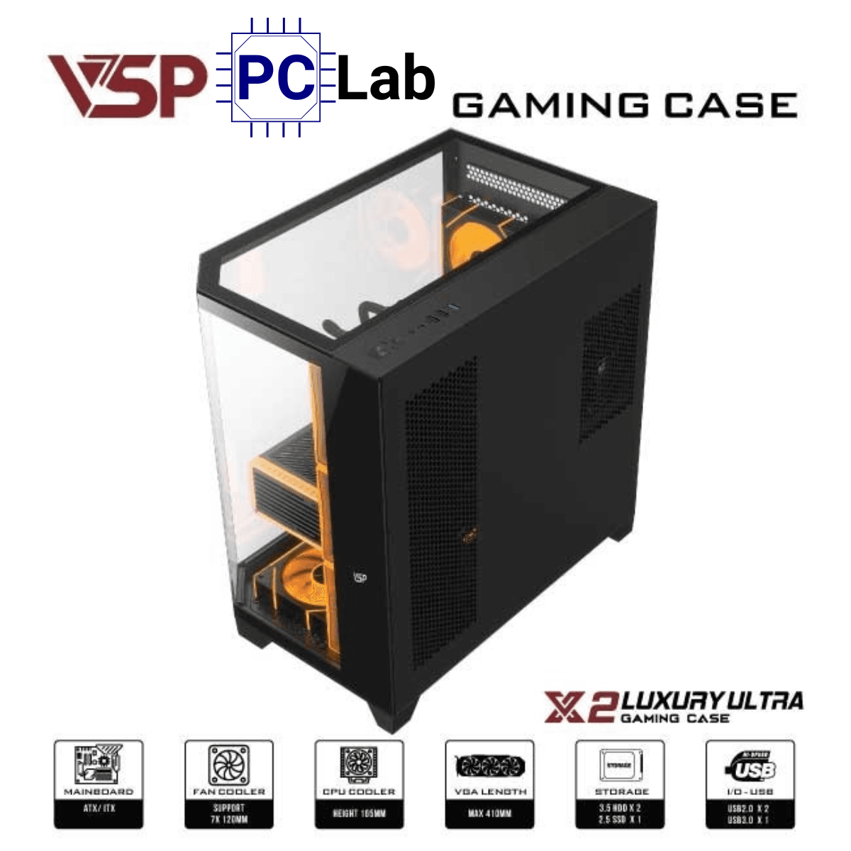 Vỏ case PC máy tính VSP X2 Luxury Ultra (ATX, Mid Tower, Đen)