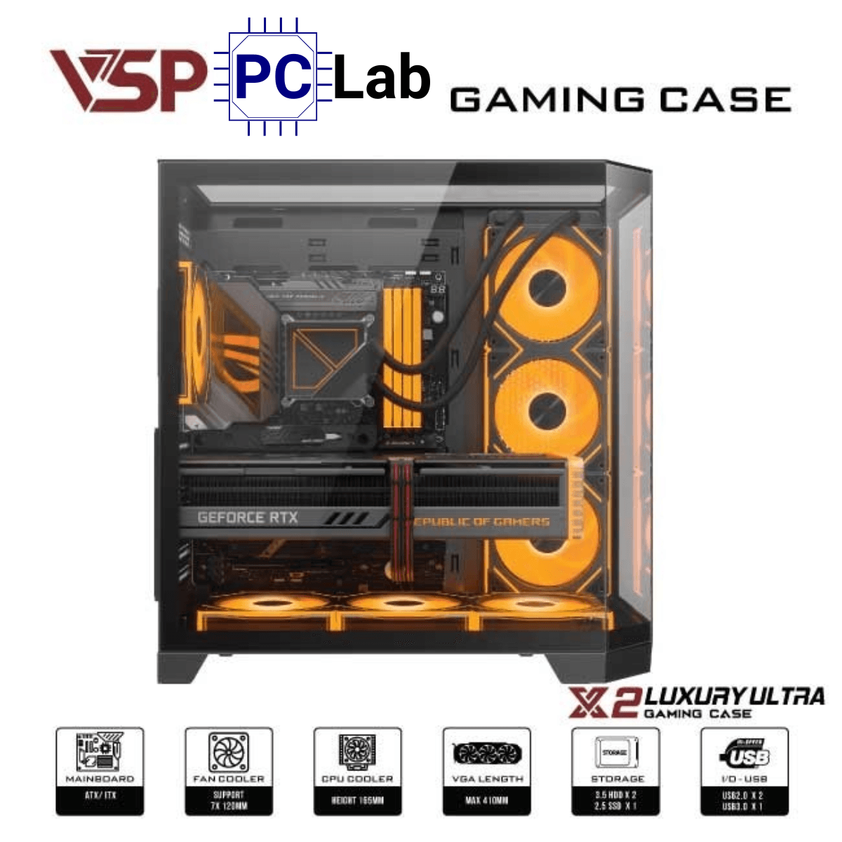 Vỏ case PC máy tính VSP X2 Luxury Ultra (ATX, Mid Tower, Đen)
