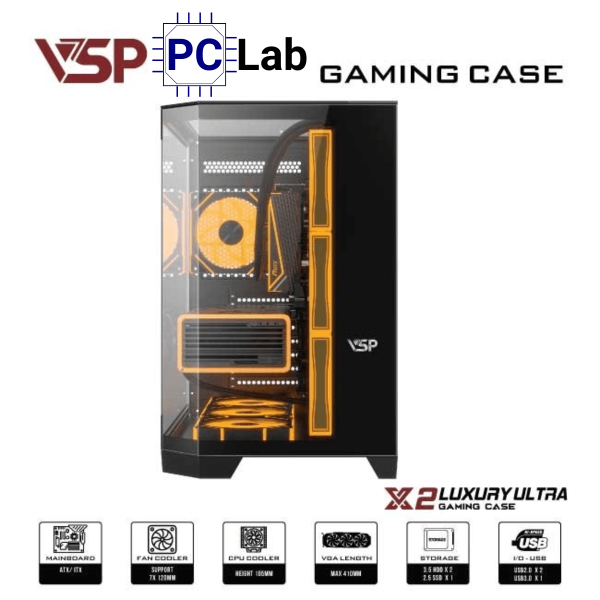 Vỏ case PC máy tính VSP X2 Luxury Ultra (ATX, Mid Tower, Đen)
