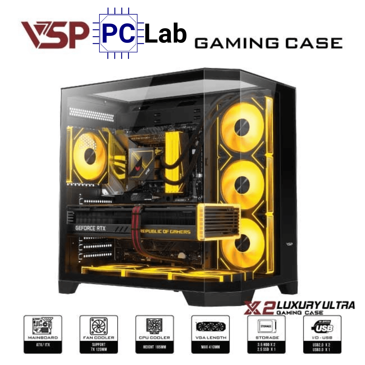 Vỏ case PC máy tính VSP X2 Luxury Ultra (ATX, Mid Tower, Đen)