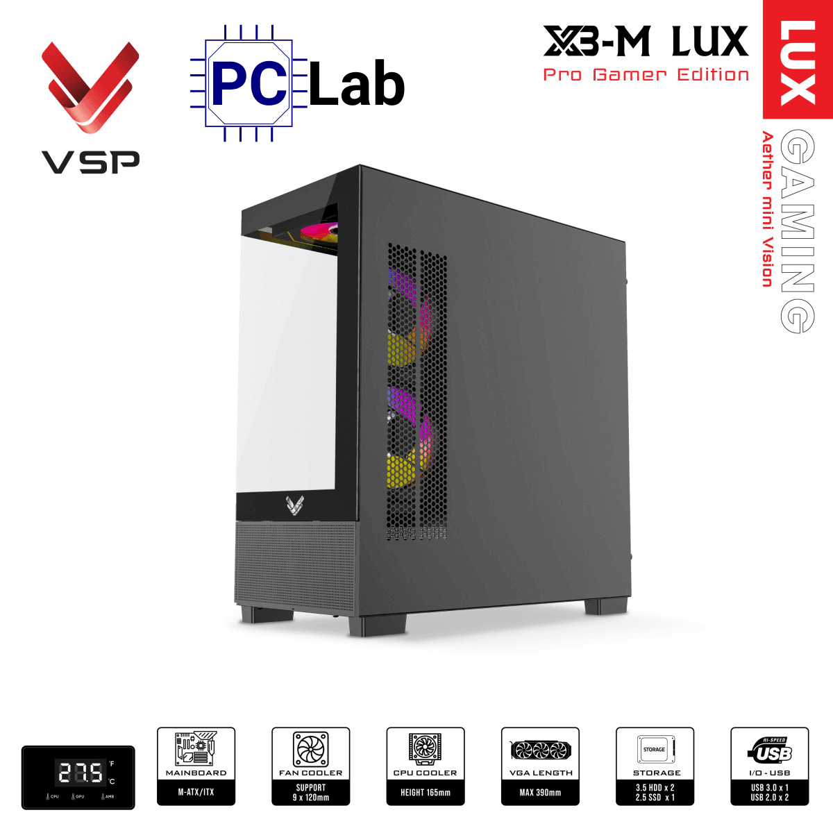 Vỏ case PC máy tính VSP X3-M Lux (M-ATX, Mid Tower, Trắng/Đen)