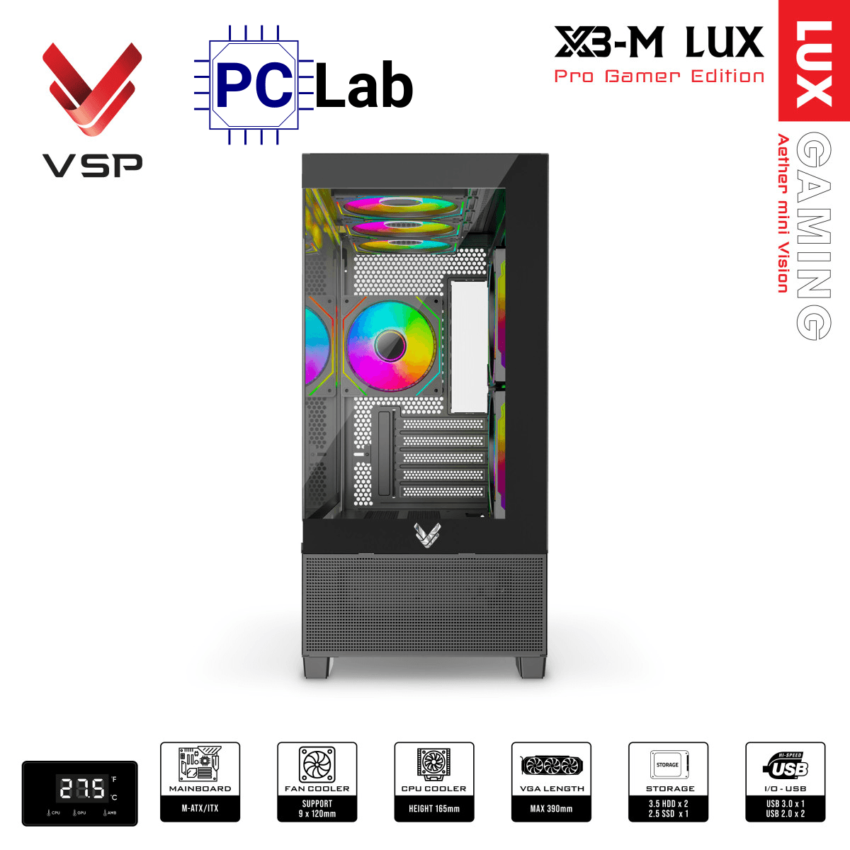 Vỏ case PC máy tính VSP X3-M Lux (M-ATX, Mid Tower, Trắng/Đen)