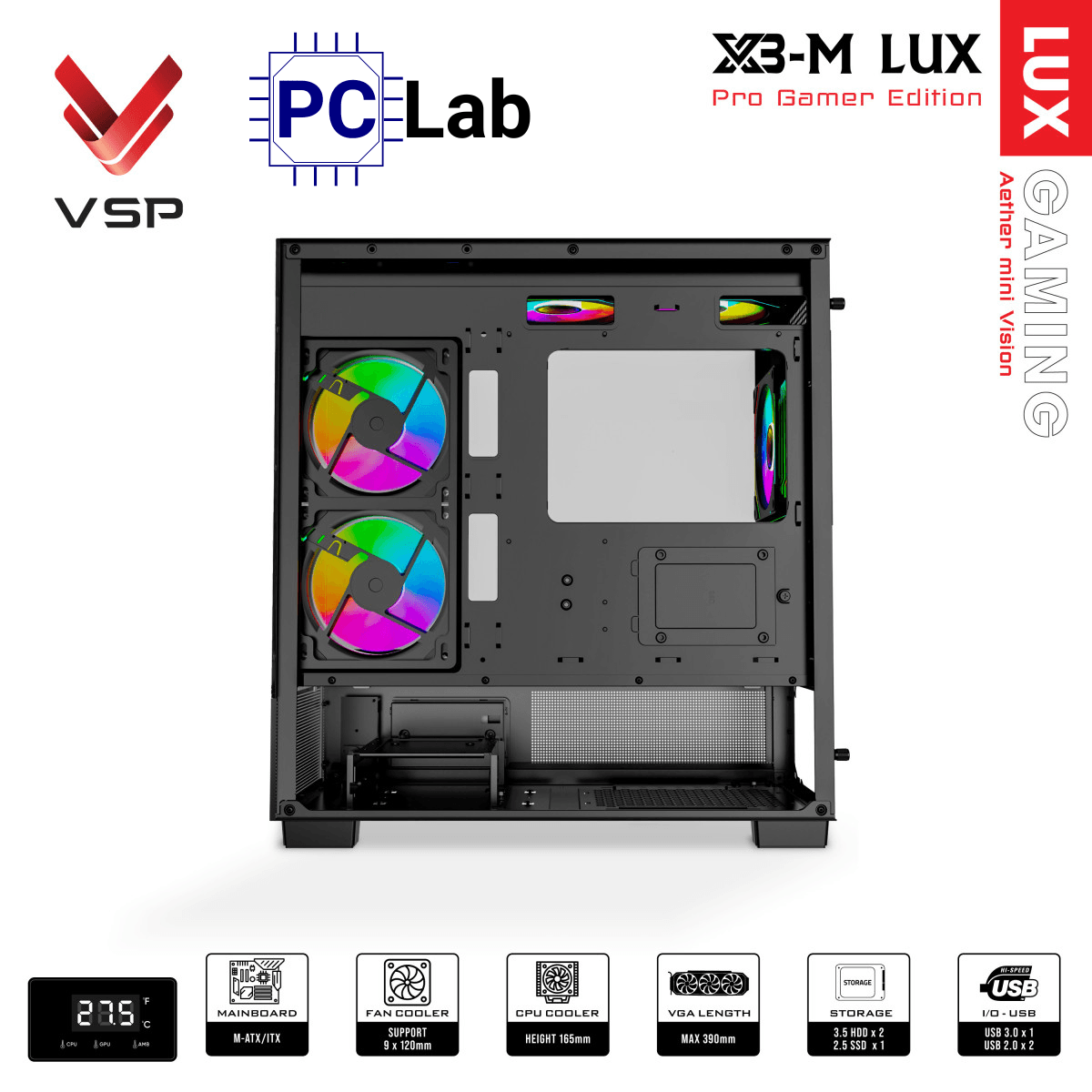 Vỏ case PC máy tính VSP X3-M Lux (M-ATX, Mid Tower, Trắng/Đen)