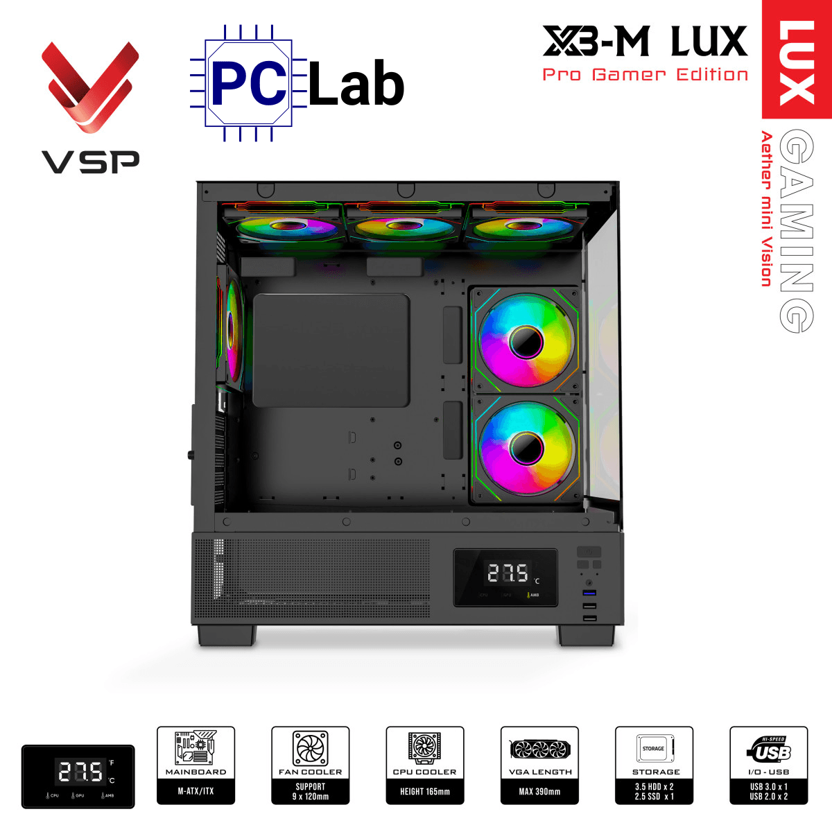 Vỏ case PC máy tính VSP X3-M Lux (M-ATX, Mid Tower, Trắng/Đen)