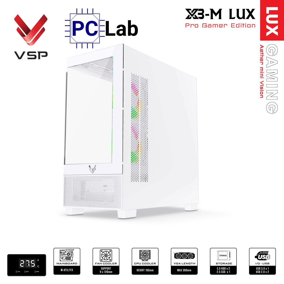 Vỏ case PC máy tính VSP X3-M Lux (M-ATX, Mid Tower, Trắng/Đen)