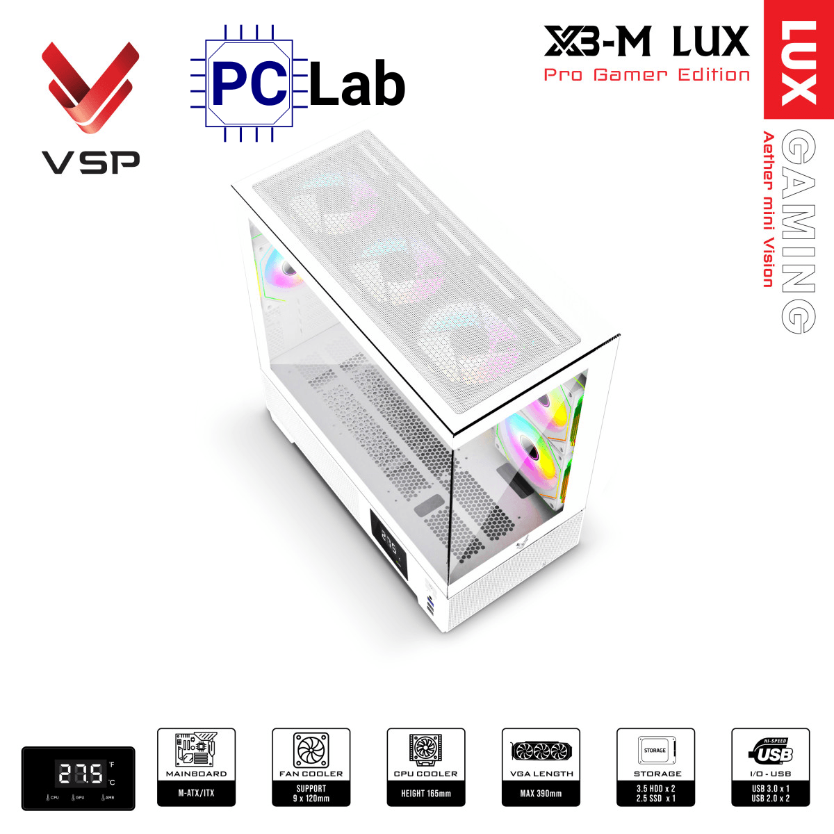 Vỏ case PC máy tính VSP X3-M Lux (M-ATX, Mid Tower, Trắng/Đen)