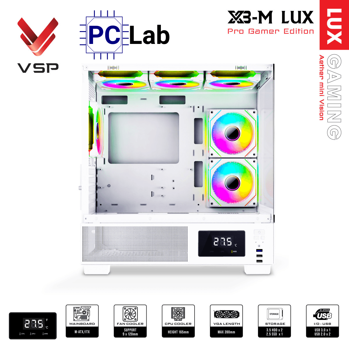 Vỏ case PC máy tính VSP X3-M Lux (M-ATX, Mid Tower, Trắng/Đen)