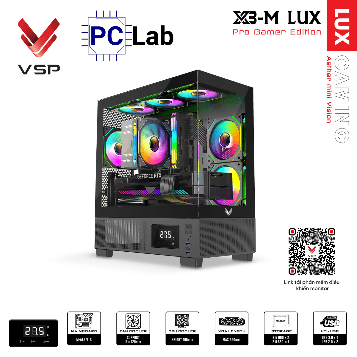 Vỏ case PC máy tính VSP X3-M Lux (M-ATX, Mid Tower, Trắng/Đen)