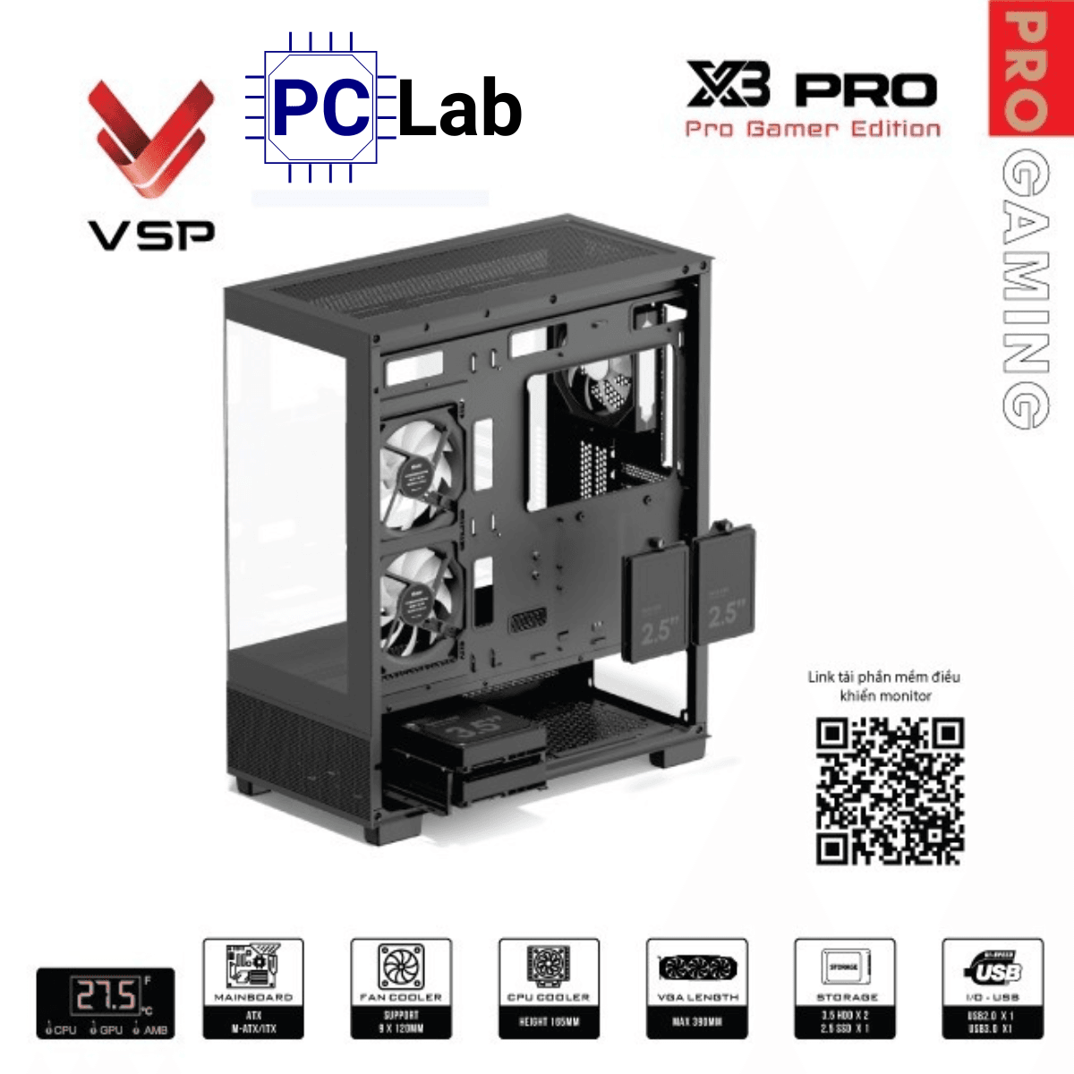 Vỏ case PC máy tính VSP X3 PRO (ATX, Mid Tower, Trắng/Đen)