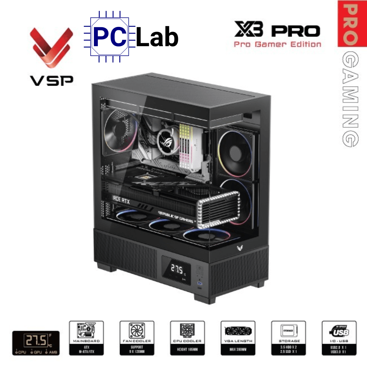 Vỏ case PC máy tính VSP X3 PRO (ATX, Mid Tower, Trắng/Đen)