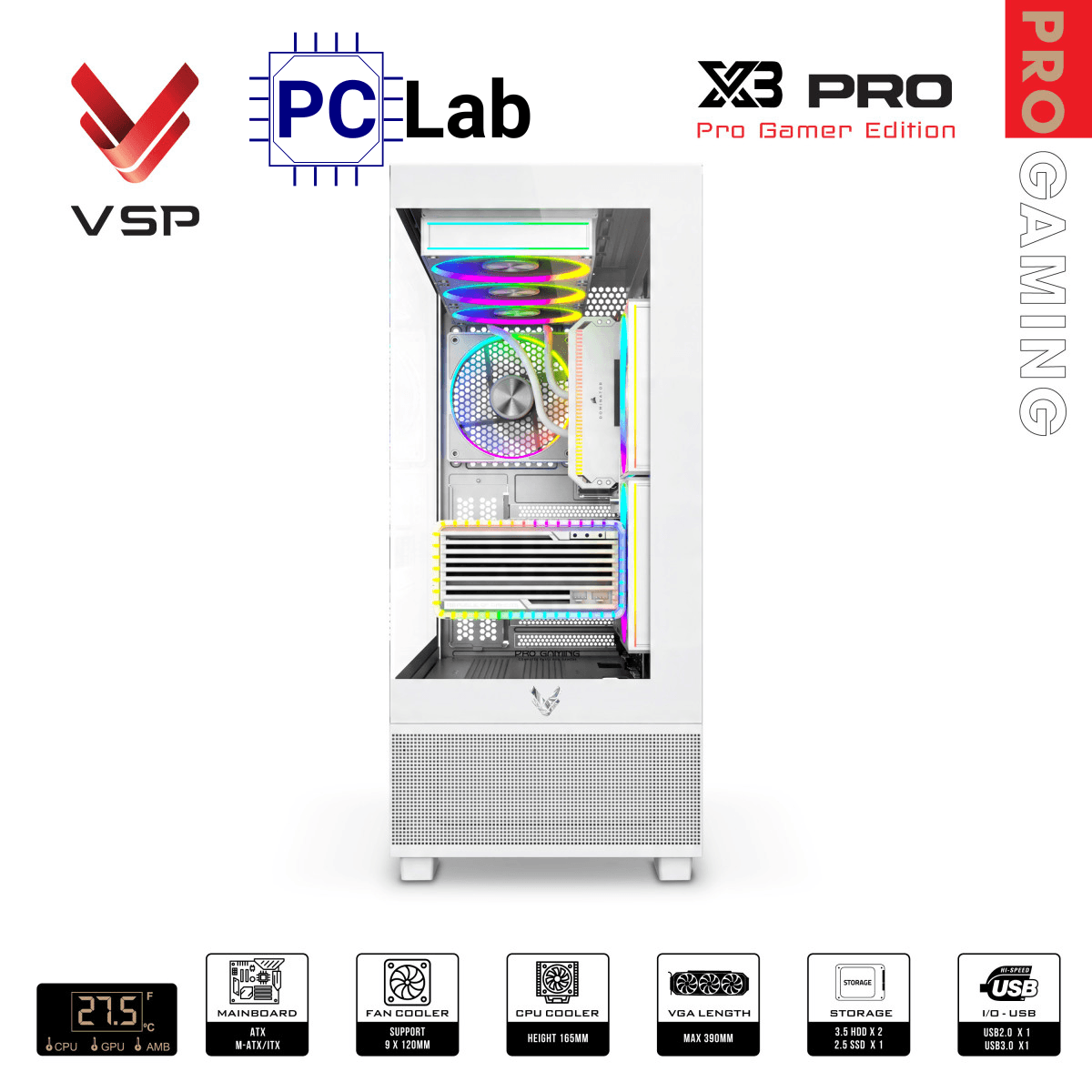 Vỏ case PC máy tính VSP X3 PRO (ATX, Mid Tower, Trắng/Đen)