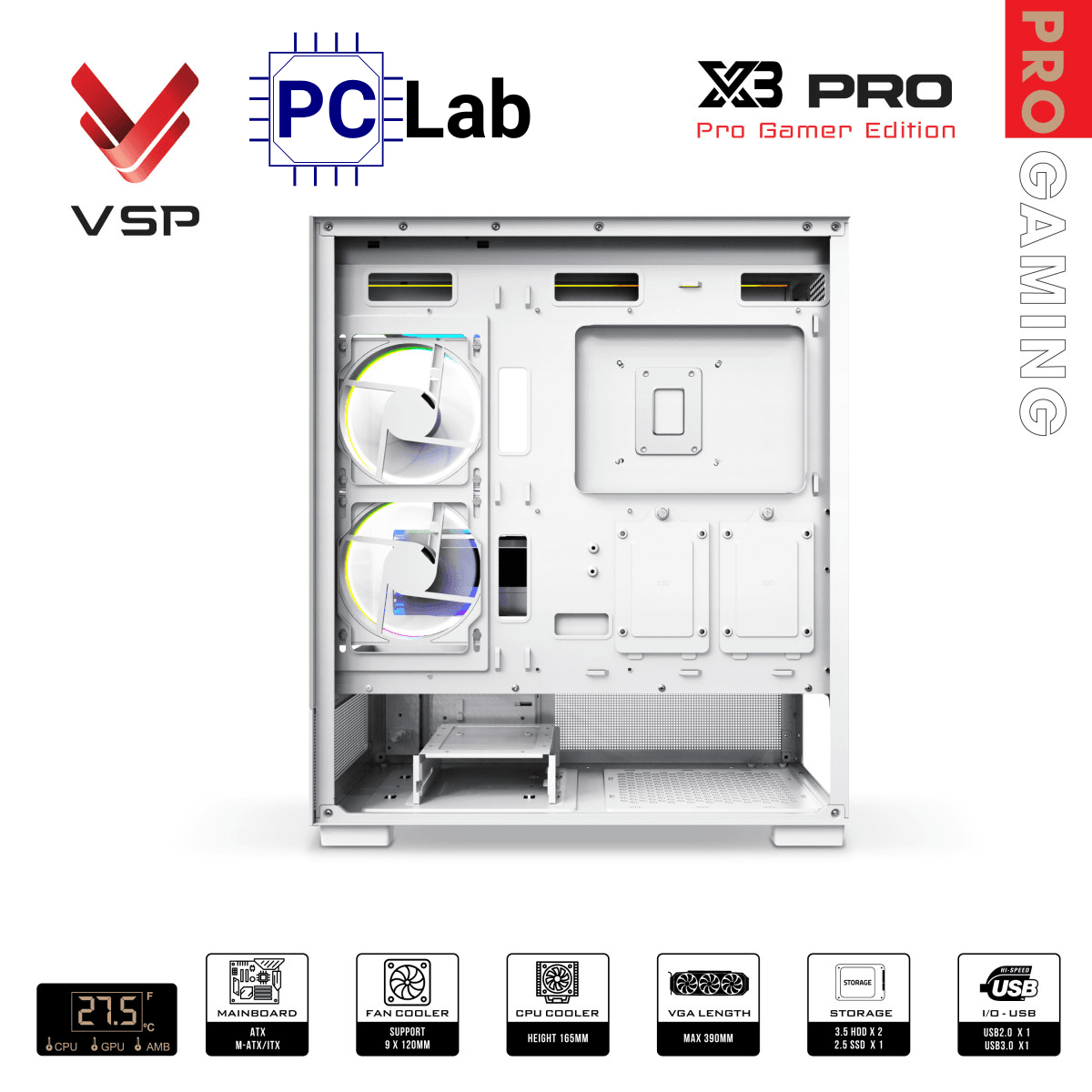Vỏ case PC máy tính VSP X3 PRO (ATX, Mid Tower, Trắng/Đen)